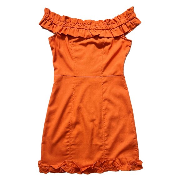 NEW KENDALL + KYLIE Linen Blend Off The Shoulder Ruffle Tangerine Dress, Sz 4-6 - Picture 5 of 15